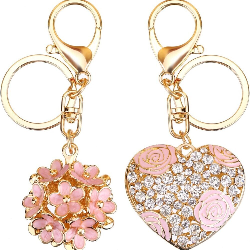 Flower Ball and Sweet Love Heart Rose Crystal Key Chain for Women Pink Flower Gi